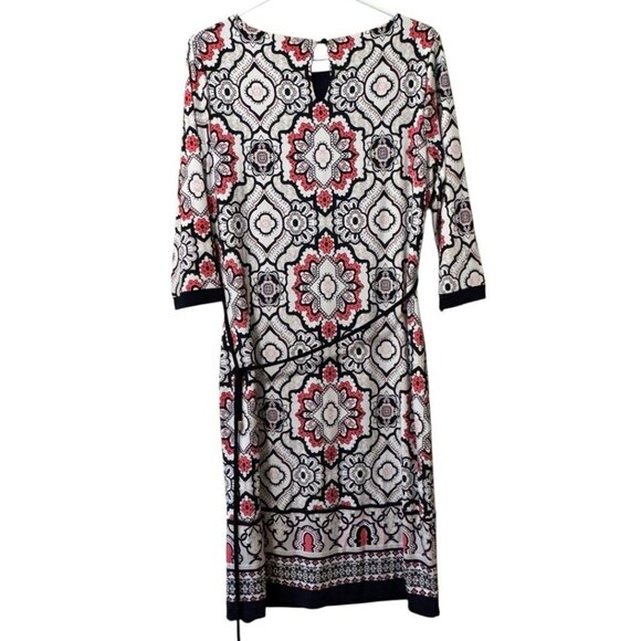 Liz Claiborne Dress Women Size Medium Stretch 3/4 Sleeve Colorful Tie Waist Line - Picture 2 of 12